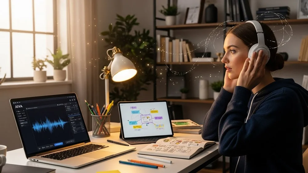 Mulher ouvindo música AI com fones, em mesa de trabalho com tablet