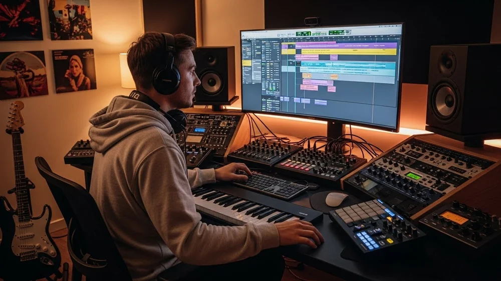 Produtor musical com fones em estúdio com guitarra e mixer