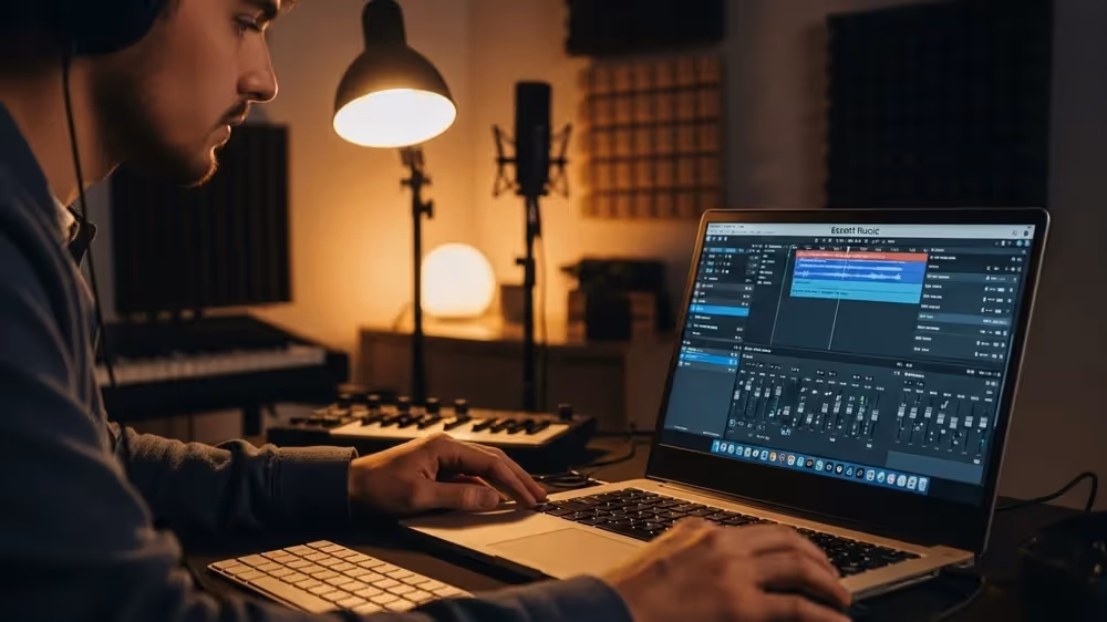 Homem editando música em laptop, em estúdio caseiro.