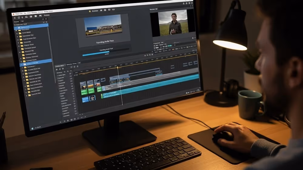 Homem editando vídeo profissionalmente em software de edição.