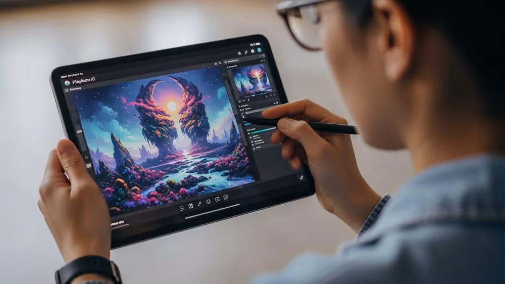 Pessoa editando arte digital colorida em tablet com caneta stylus.