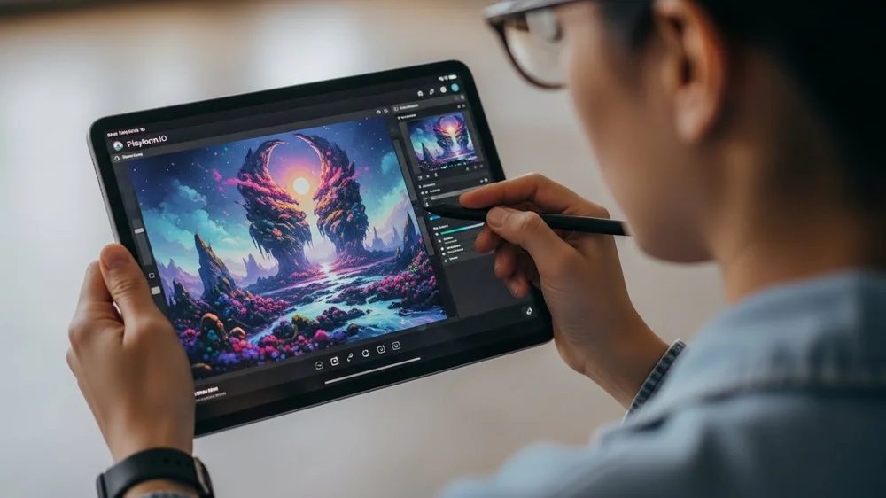 Pessoa editando arte digital colorida em tablet com caneta stylus.