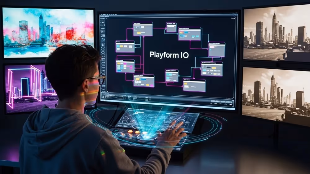 Homem operando interface holográfica e múltiplos monitores com diagramas.