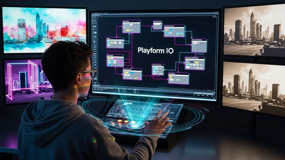 Homem operando interface holográfica e múltiplos monitores com diagramas.