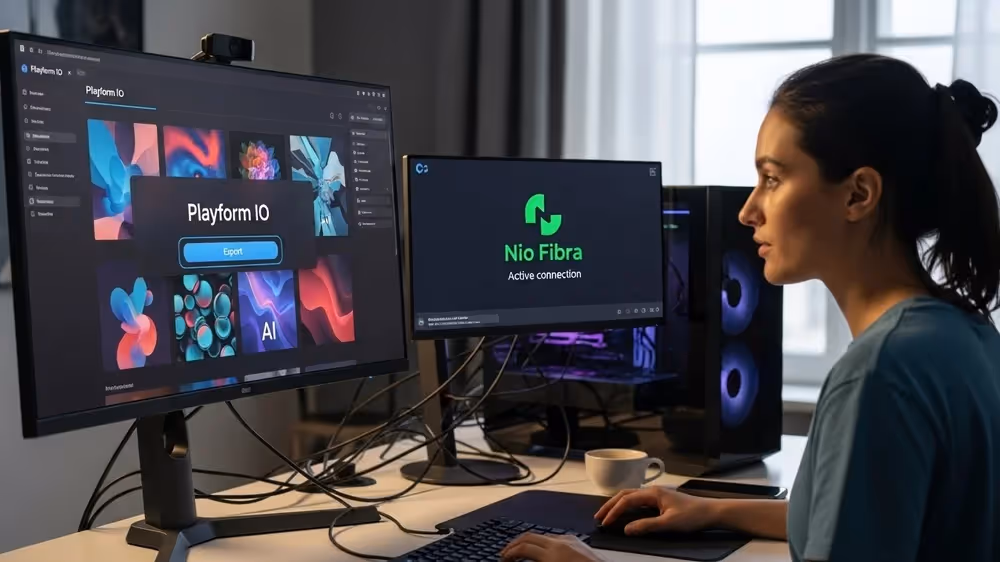 Mulher trabalhando em setup de dois monitores com software Playform IO usando a internet da Nio Fibra.