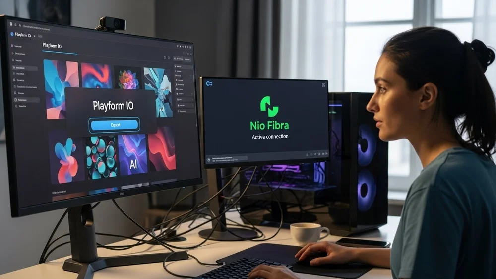 Mulher trabalhando em setup de dois monitores com software Playform IO usando a internet da Nio Fibra.