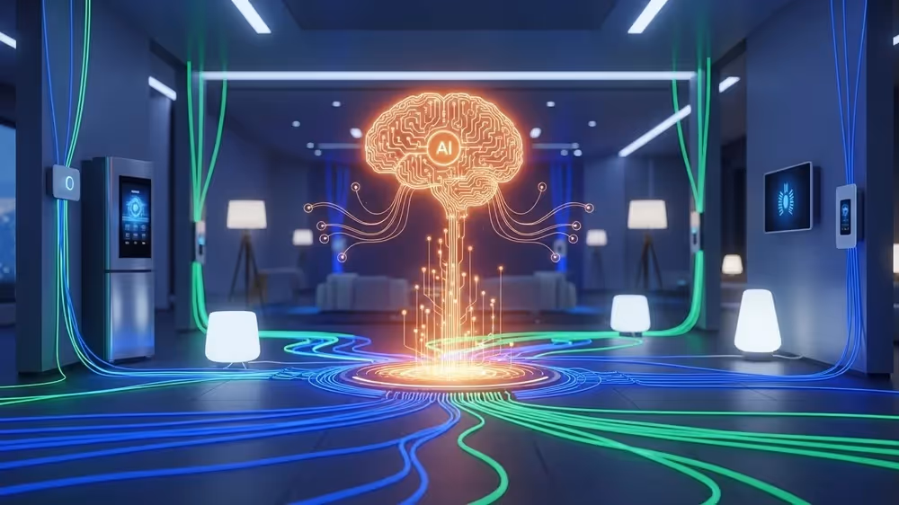 Representação artística de inteligência artificial central conectada a diversos dispositivos domésticos por cabos luminosos.