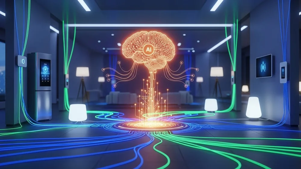 Representação artística de inteligência artificial central conectada a diversos dispositivos domésticos por cabos luminosos.