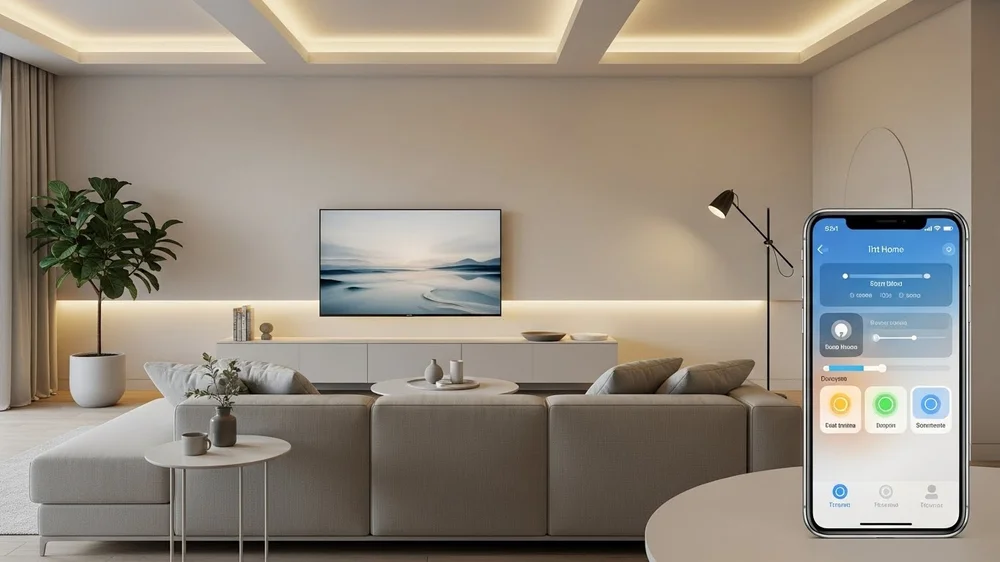 Sala de estar moderna com smartphone em primeiro plano exibindo aplicativo de automação residencial para controle de luzes e TV.