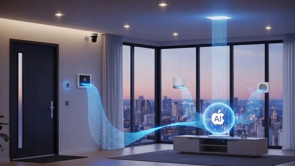 Representação conceitual de inteligência artificial conectando diversos dispositivos de segurança e iluminação em um apartamento de luxo.