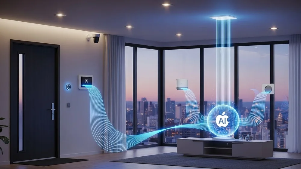 Representação conceitual de inteligência artificial conectando diversos dispositivos de segurança e iluminação em um apartamento de luxo.