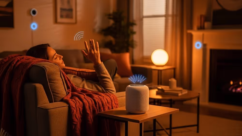 Mulher relaxando no sofá interage com alto-falante inteligente via comandos de voz e gestos em ambiente com iluminação quente.