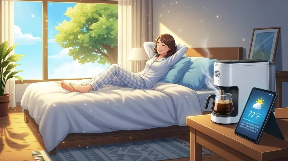 Ilustração estilo anime de uma mulher acordando feliz em um quarto ensolarado com cafeteira inteligente e tablet de clima.