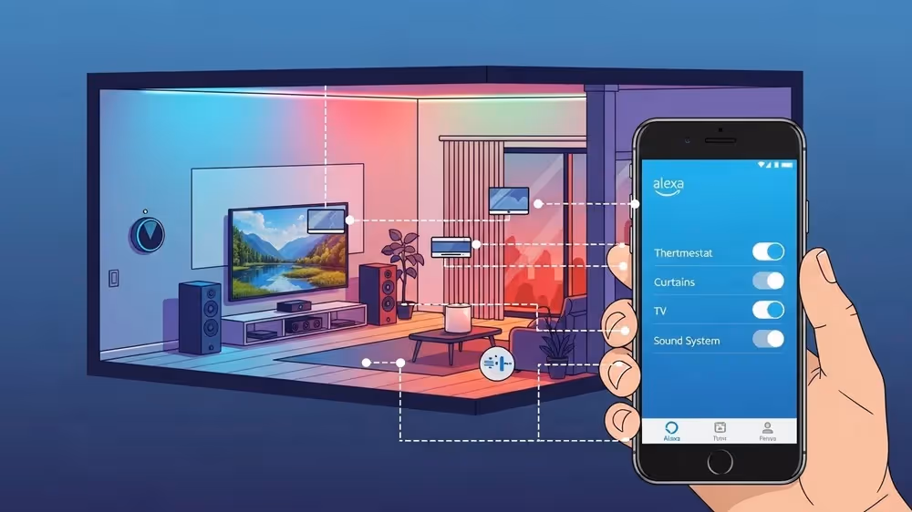 Infográfico mostrando mão segurando smartphone com app Alexa para controlar termostato, cortinas, TV e som em sala colorida.