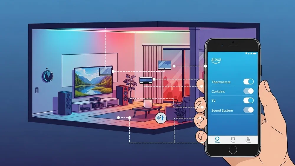 Infográfico mostrando mão segurando smartphone com app Alexa para controlar termostato, cortinas, TV e som em sala colorida.