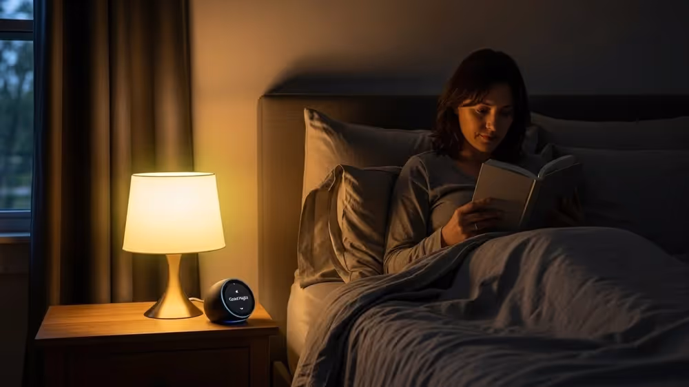 Mulher lendo livro na cama sob luz quente de abajur inteligente ao lado de smart display com mensagem de boa noite.
