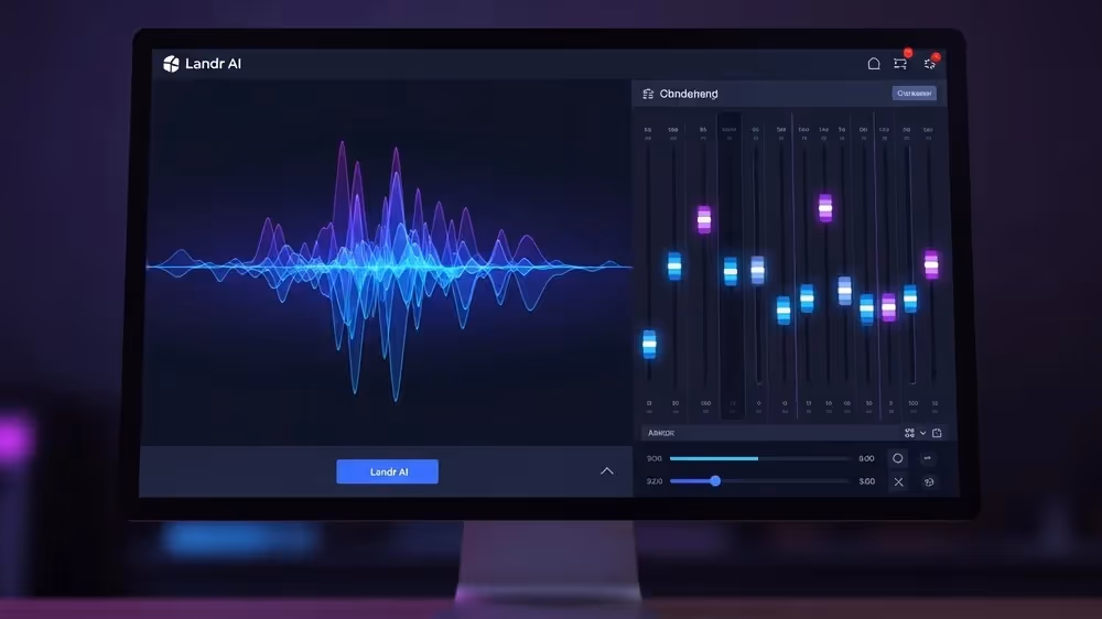 Monitor exibindo interface de software Landr AI com ondas sonoras coloridas e painel de mixagem com faders neon.