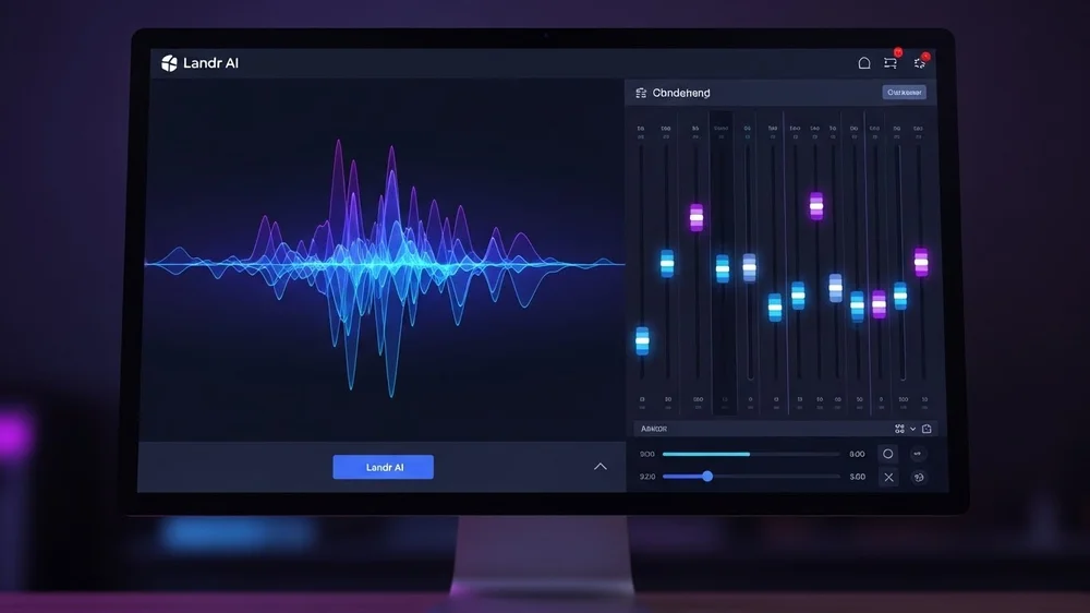 Monitor exibindo interface de software Landr AI com ondas sonoras coloridas e painel de mixagem com faders neon.