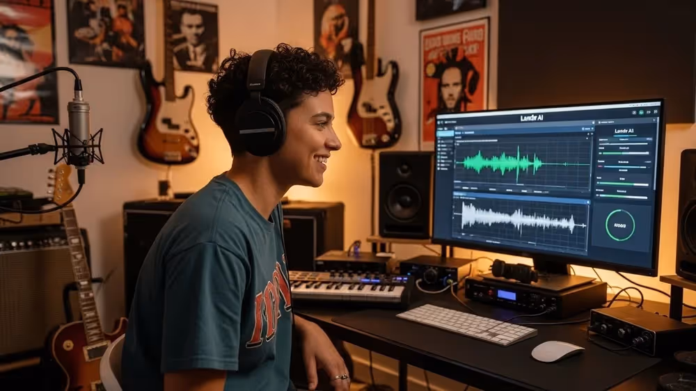 Jovem produtor musical sorrindo em home studio usando fones de ouvido e operando software de edição Landr AI.