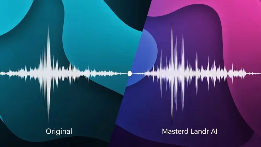 Gráfico comparativo de ondas sonoras entre áudio original e masterizado pelo Landr AI em fundo abstrato ciano e roxo.