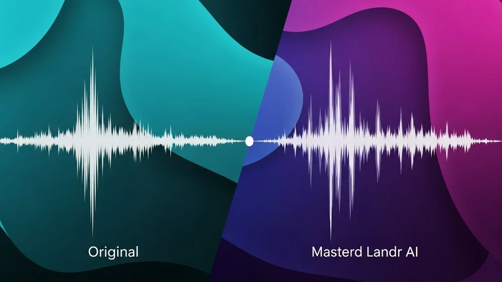 Gráfico comparativo de ondas sonoras entre áudio original e masterizado pelo Landr AI em fundo abstrato ciano e roxo.