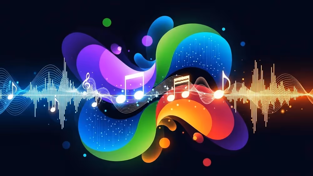 Ilustração abstrata colorida com ondas sonoras e notas musicais.