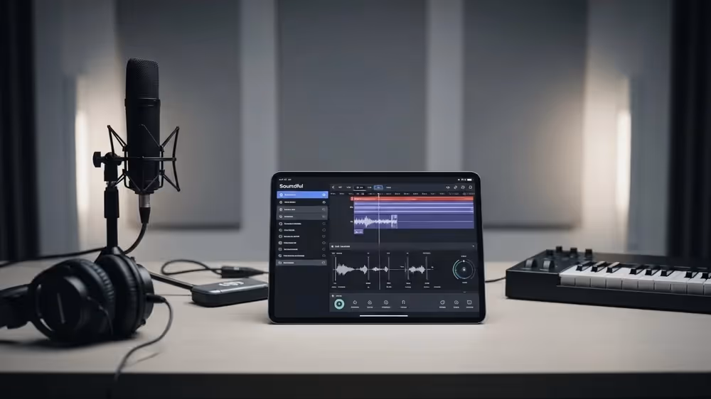 Tablet com software de edição de áudio em mesa de estúdio.