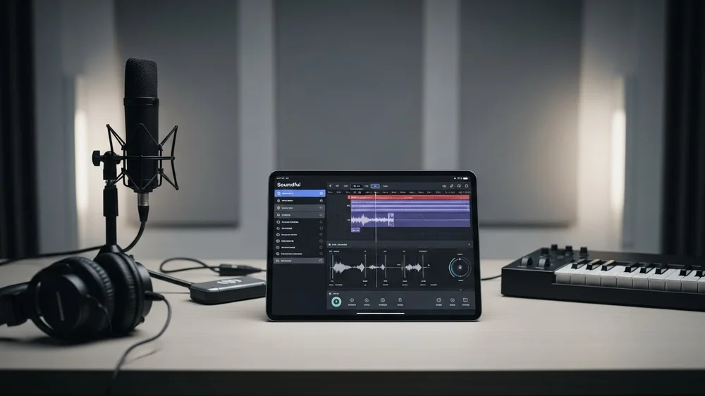 Tablet com software de edição de áudio em mesa de estúdio.