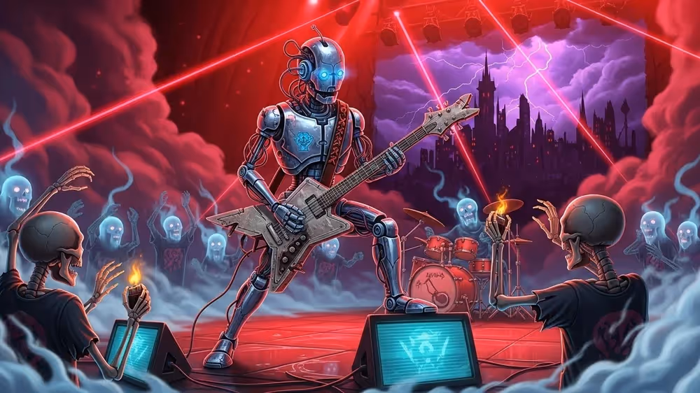 Ilustração de um robô tocando guitarra em um show de rock com esqueletos.