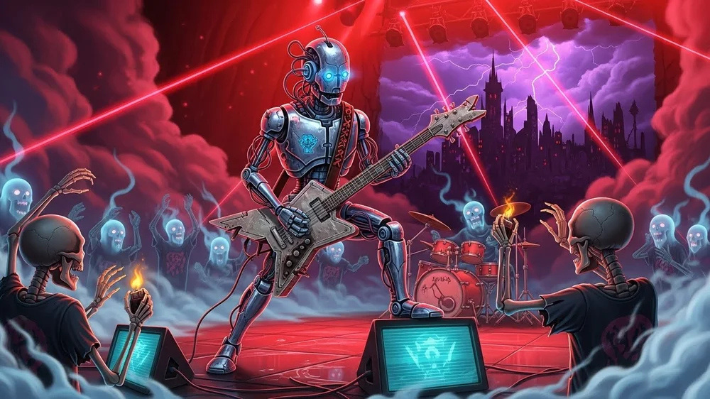 Ilustração de um robô tocando guitarra em um show de rock com esqueletos.