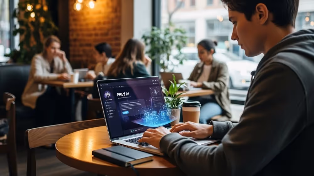 Homem trabalha em notebook com interface do Prey AI em um café movimentado.