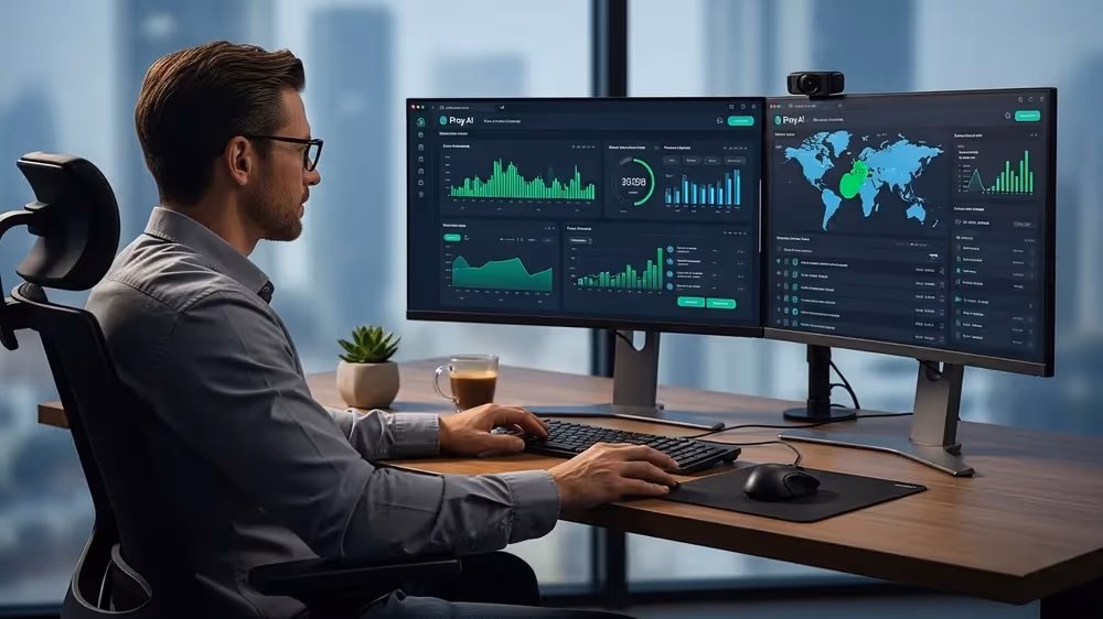 Profissional analisa gráficos de dados e mapa global em dois monitores.