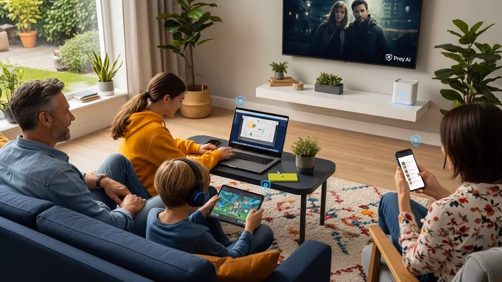 Família reunida na sala usando diversos dispositivos protegidos pelo Prey AI.