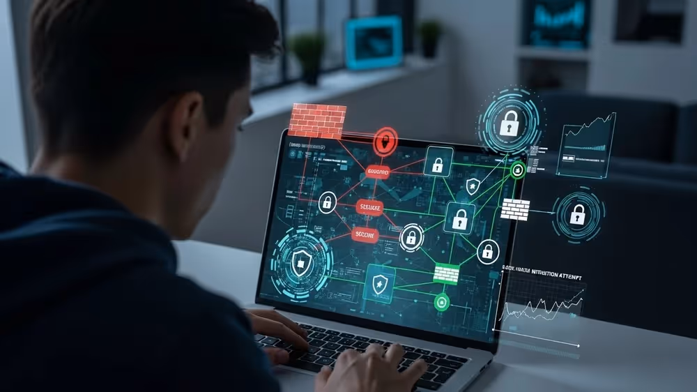 Homem analisando rede de segurança digital com ícones de cadeado, escudos e firewall em interface holográfica no notebook.