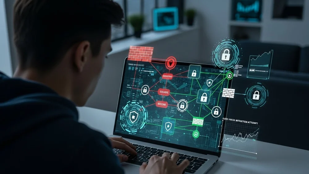 Homem analisando rede de segurança digital com ícones de cadeado, escudos e firewall em interface holográfica no notebook.