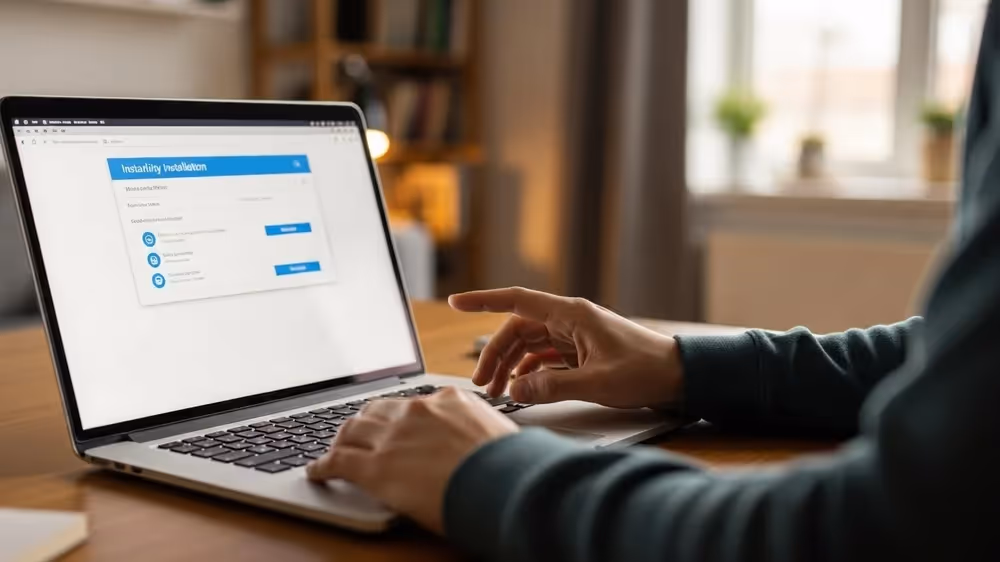 Pessoa usando notebook para realizar a instalação de um software em uma interface web com botões azuis.