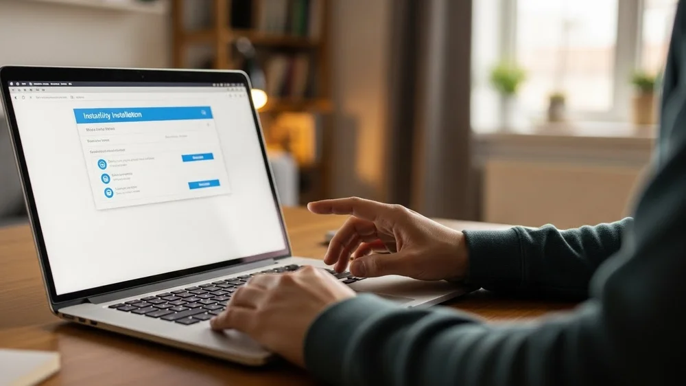 Pessoa usando notebook para realizar a instalação de um software em uma interface web com botões azuis.