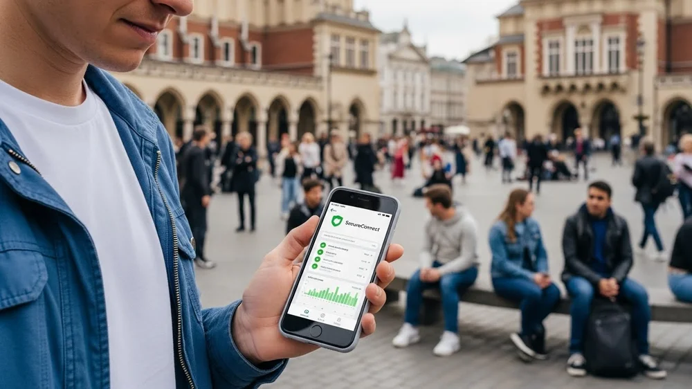 Close de uma pessoa segurando um smartphone com o aplicativo SecureConnect aberto em uma praça pública movimentada.