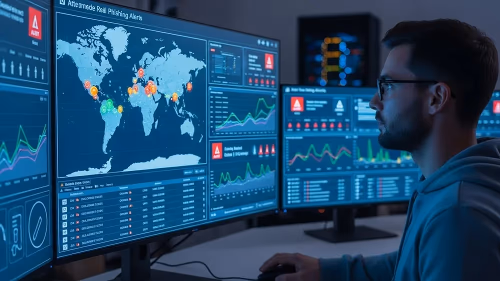 Especialista em TI analisando painéis de segurança digital com mapa-múndi e alertas de phishing em múltiplos monitores.