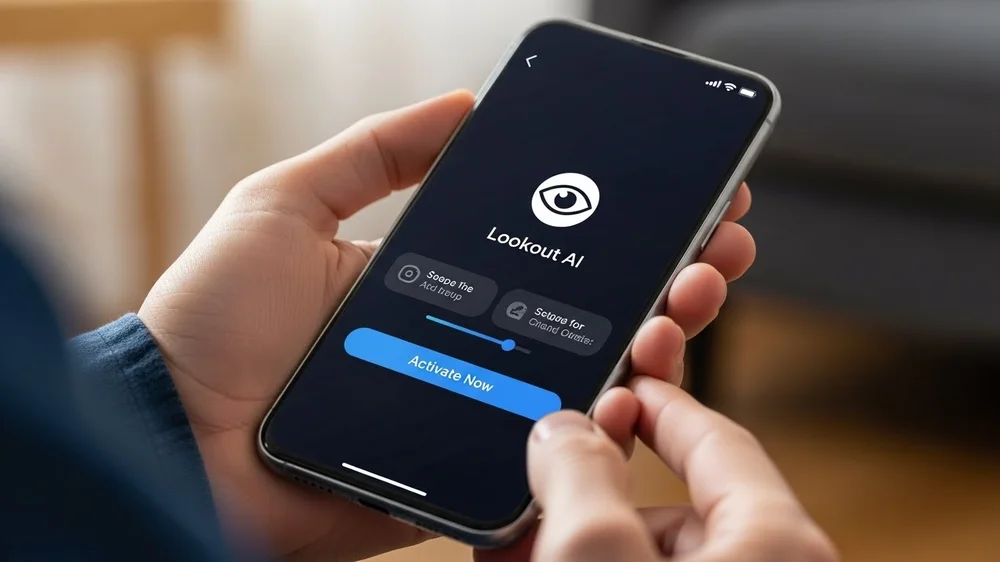 Mãos segurando um celular exibindo a tela de ativação do Lookout AI com botão azul "Activate Now".