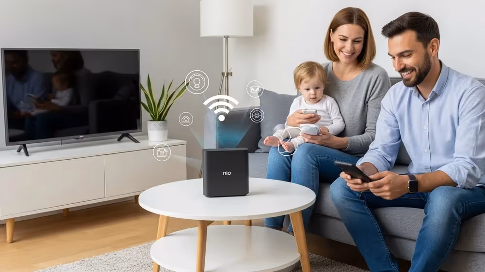 Família sorridente em uma sala clara usando dispositivos móveis conectados a um roteador preto da marca Nio sobre a mesa.