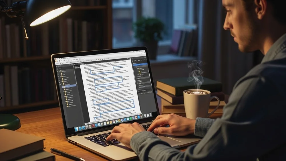 Notebook aberto com software de escrita estruturada em ambiente de iluminação suave com café.