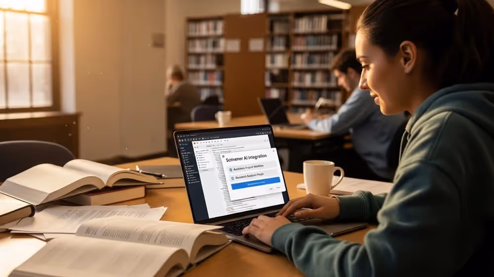 Mulher usando laptop em uma biblioteca com janela de integração de IA aberta na tela.