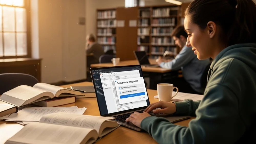 Mulher usando laptop em uma biblioteca com janela de integração de IA aberta na tela.