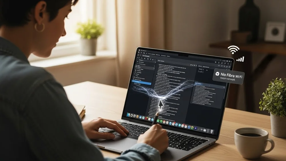 Interface de aplicativo de escrita com destaque para ícone de rede Wi-Fi e conexão estável.