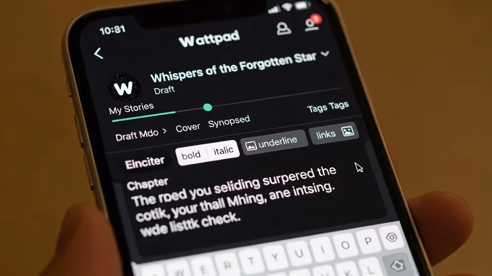 Close de um smartphone exibindo a interface do Wattpad com um rascunho de história intitulado "Whispers of the Forgotten Star".
