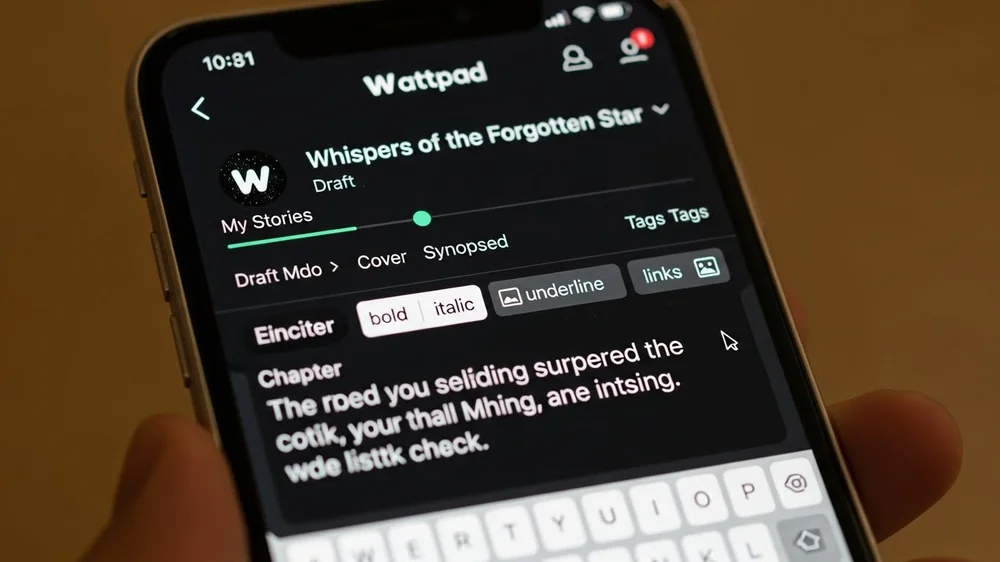 Close de um smartphone exibindo a interface do Wattpad com um rascunho de história intitulado "Whispers of the Forgotten Star".