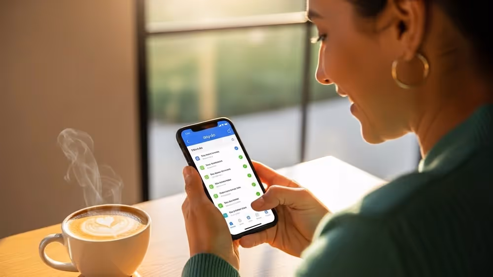 Mulher sorridente em ambiente iluminado segurando celular com lista de tarefas do Any.do e uma xícara de café ao lado.