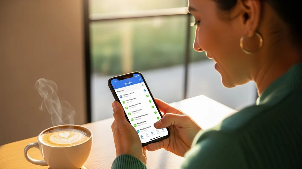 Mulher sorridente em ambiente iluminado segurando celular com lista de tarefas do Any.do e uma xícara de café ao lado.
