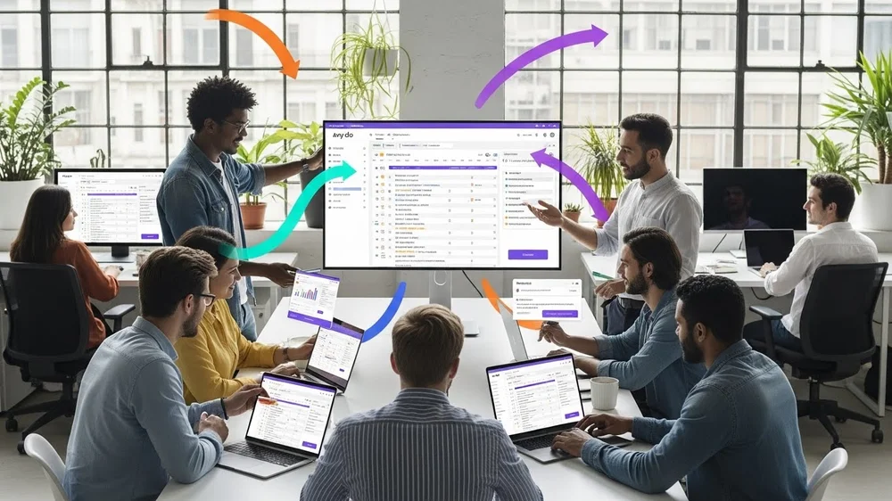 Equipe em escritório moderno colaborando ao redor de um grande monitor com software de gestão e setas coloridas indicando fluxo de trabalho.